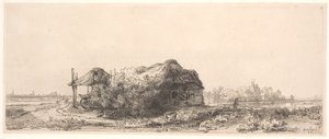 Tájkép kunyhóval és szénapajtával: hosszúkás alkotó: Rembrandt van Rijn