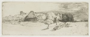 Tájkép egy gazdasági épülettel és a „tornyos házzal” alkotó: Rembrandt van Rijn