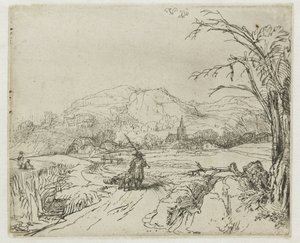 Tájkép sportolóval és kutyákkal alkotó: Rembrandt van Rijn