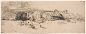 Tájkép fákkal, gazdasági épületekkel és egy toronnyal alkotó: Rembrandt van Rijn