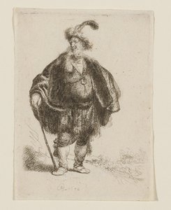 Álló férfi keleti viseletben és tollas szőrme sapkában alkotó: Rembrandt van Rijn