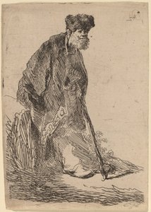 Kabátos és szőrme sapkás férfi egy banknak dőlve alkotó: Rembrandt van Rijn