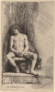 Meztelen férfi ül a függöny előtt alkotó: Rembrandt van Rijn