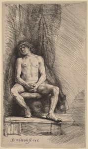 Meztelen férfi ül egy függöny előtt alkotó: Rembrandt van Rijn