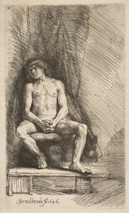 Meztelen férfi függöny előtt ül, 1646. alkotó: Rembrandt van Rijn