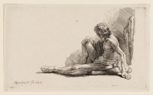 Meztelen férfi ül a földön, kinyújtott lábbal alkotó: Rembrandt van Rijn