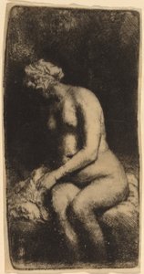 Meztelenül ül egy padon, párnával (nő, aki egy pataknál fürdeti a lábát) alkotó: Rembrandt van Rijn
