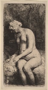 Meztelen nő ül egy padon egy párnával (Nő, aki egy pataknál mossa a lábát) alkotó: Rembrandt van Rijn