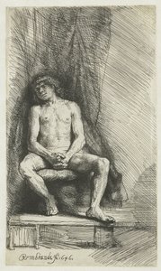 Meztelen fiatalember, függöny előtt ül Meztelen férfi ül a függöny előtt alkotó: Rembrandt van Rijn
