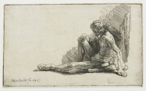 Meztelen férfi ül a földön, egyik lábát kinyújtva alkotó: Rembrandt van Rijn