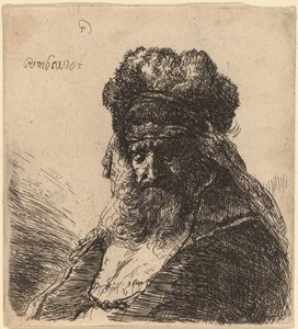 Idős szakállas férfi magas szőrme sapkában, csukott szemmel alkotó: Rembrandt van Rijn