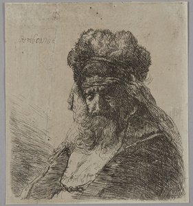 Öreg, szakállas férfi magas szőrme sapkában, csukott szemmel alkotó: Rembrandt van Rijn