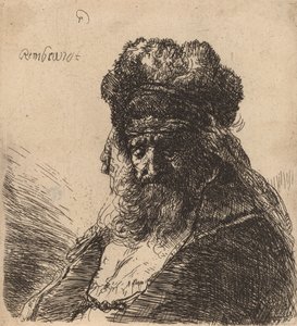 Idős szakállas férfi magas szőrme sapkában, csukott szemmel, c. 1635. alkotó: Rembrandt van Rijn