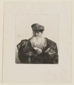 Ülő öregember, lobogó szakállal, szőrme sapkával és bársonyköpennyel alkotó: Rembrandt van Rijn