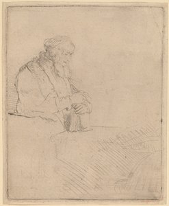 Öreg ember meditációban, egy könyvre támaszkodva alkotó: Rembrandt van Rijn