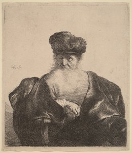 Öregember szakállal, szőrme sapkával és bársonyköpennyel alkotó: Rembrandt van Rijn