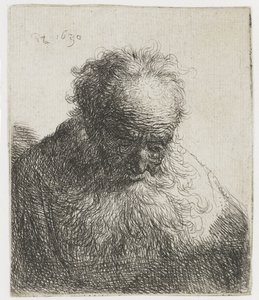 Folyó szakállú öregember, árnyéktalan bal válla Folyó szakállú idős férfi mellszobra: a fej előre hajtott: a bal váll árnyékolatlan alkotó: Rembrandt van Rijn