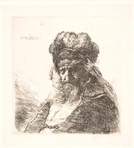 Idős szakállas férfi magas szőrme sapkában, csukott szemmel alkotó: Rembrandt van Rijn