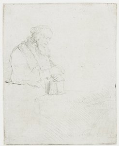 Meditáló öregember, aki egy könyvre támaszkodik alkotó: Rembrandt van Rijn