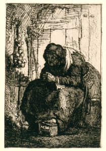 Egy kunyhóban ülő idős asszony, a falon hagymasorral alkotó: Rembrandt van Rijn