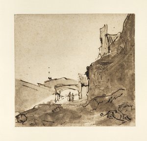Város pereme falakkal és kapualjjal, 1627-28 körül (tus, tus, mosás, papír) alkotó: Rembrandt van Rijn