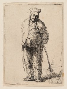 Rongyos paraszt, kezével a háta mögött, bottal alkotó: Rembrandt van Rijn