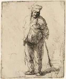 Rongyos paraszt, kezével a háta mögött, bottal, 1630 körül. alkotó: Rembrandt van Rijn
