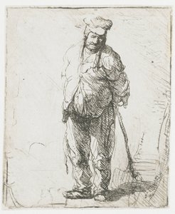 Rongyos parasz, kezeit a háta mögött tartva, egy botot szorongatva alkotó: Rembrandt van Rijn