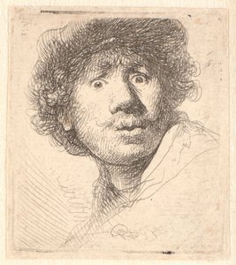 Rembrandt sapkában, tátott szájjal és bámulva: mellszobor a körvonalakban alkotó: Rembrandt van Rijn
