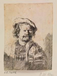 Rembrandt lapos sapkában és hímzett ruhában alkotó: Rembrandt van Rijn