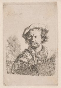 Rembrandt lapos sapkában, vállán kendővel alkotó: Rembrandt van Rijn