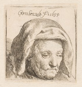 Rembrandt édesanyja, kendőből készült fejdíszben, lefelé tekintve: csak a fej látható alkotó: Rembrandt van Rijn