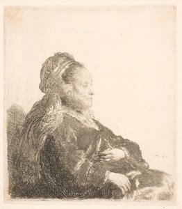 Rembrandt anyja jobbra fordulva ül, keleti fejdíszben: félhosszú, mutogató kezek alkotó: Rembrandt van Rijn