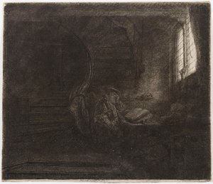 Szent Jeromos egy sötét szobában alkotó: Rembrandt van Rijn