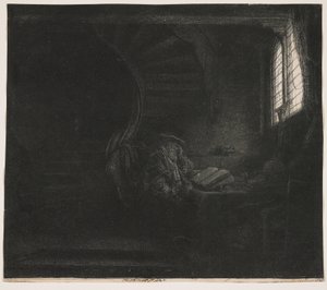Szent Jeromos egy sötét szobában alkotó: Rembrandt van Rijn