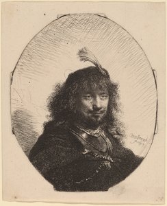 Önarckép (?) tollas sapkával és leeresztett szablyával alkotó: Rembrandt van Rijn