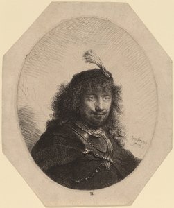 Önarckép (?) tollas sapkával és leeresztett szablyával alkotó: Rembrandt van Rijn
