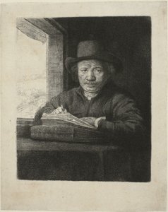 Önarckép rézkarc az ablakon alkotó: Rembrandt van Rijn