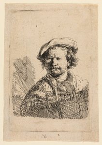 Önarckép lapos sapkában és hímzett ruhában alkotó: Rembrandt van Rijn