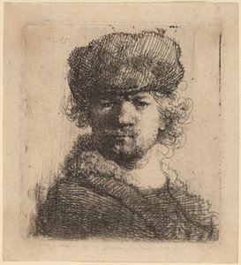 Önarckép erős szőrme sapkában alkotó: Rembrandt van Rijn