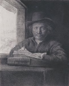Önarckép, Radírozás az ablaknál, 1648 (metszet és metszet rakott papírra) alkotó: Rembrandt van Rijn