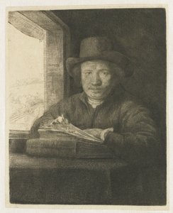 Önarckép rézkarc egy ablakon alkotó: Rembrandt van Rijn