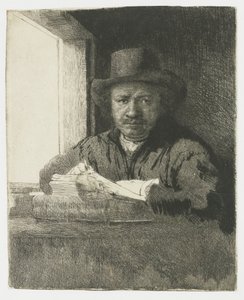 Önarckép rézkarc egy ablaknál alkotó: Rembrandt van Rijn