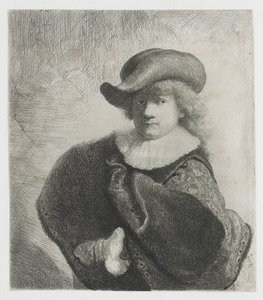 Önarckép puha sapkában és mintás köpenyben alkotó: Rembrandt van Rijn