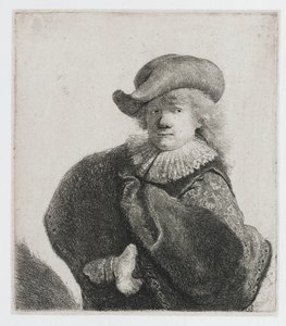 Önarckép puha kalapban és mintás köpenyben alkotó: Rembrandt van Rijn