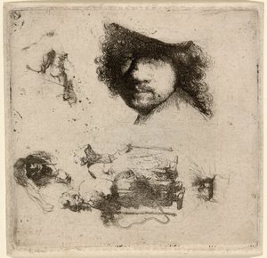 Tanulmányi lap: A művész feje, egy kolduspár, egy idős férfi és egy öregasszony feje stb. alkotó: Rembrandt van Rijn
