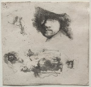 Tanulmányi lap: Önarckép, kolduspár stb. alkotó: Rembrandt van Rijn