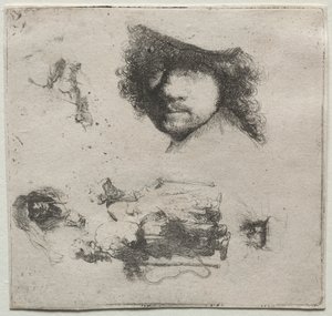 Tanulmányi lap: Önarckép, kolduspár stb., c. 1632. alkotó: Rembrandt van Rijn