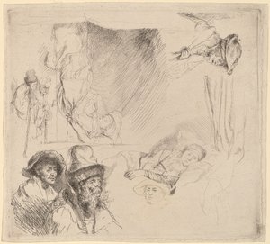 Tanulmányi lap, amely egy betegen fekvő nőt tartalmaz az ágyban alkotó: Rembrandt van Rijn
