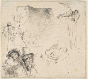 Tanulmányi lap egy betegen fekvő nővel, stb., kb. 164142. alkotó: Rembrandt van Rijn